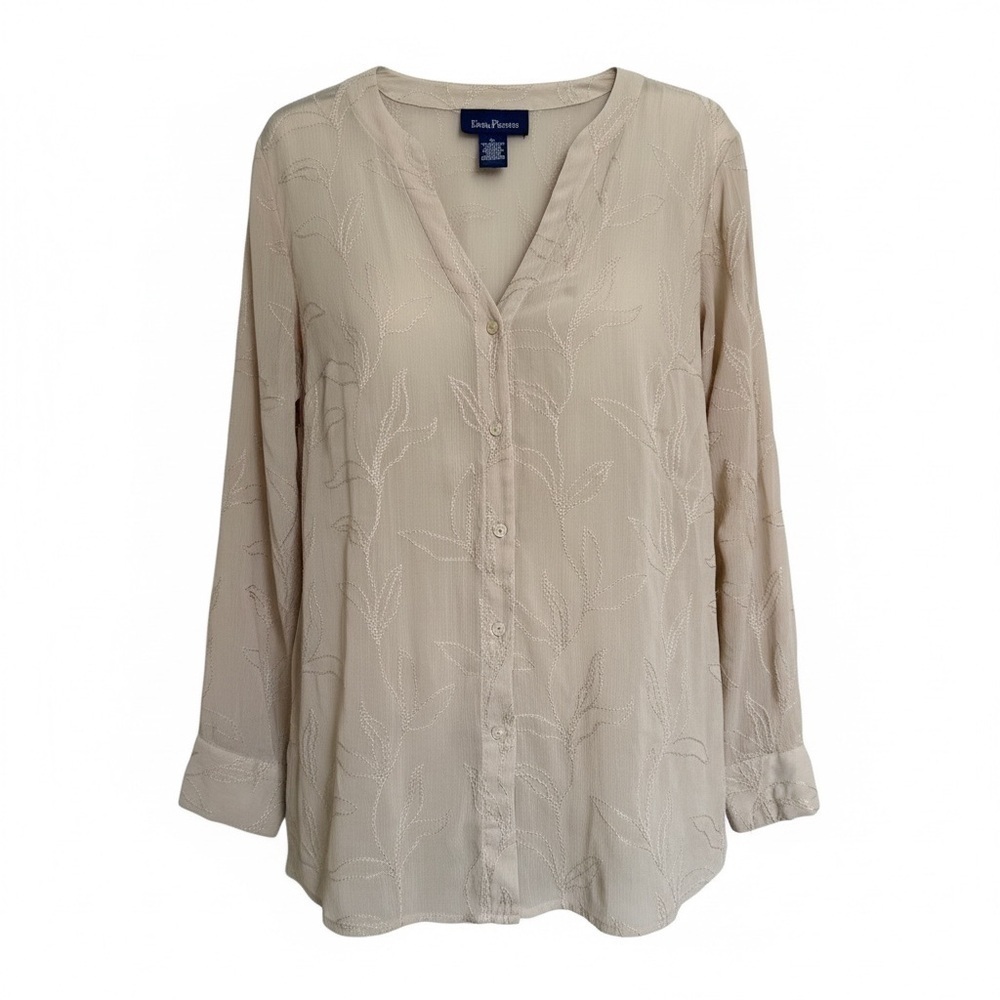 Evan Picone Semi Sheer Embroidered Button Up Top Sz XL Fairycore Ethereal Boho